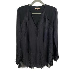 Rebecca Taylor Snake Print Blouse Pleated Back V Neck Long Sleeve Black Size 6